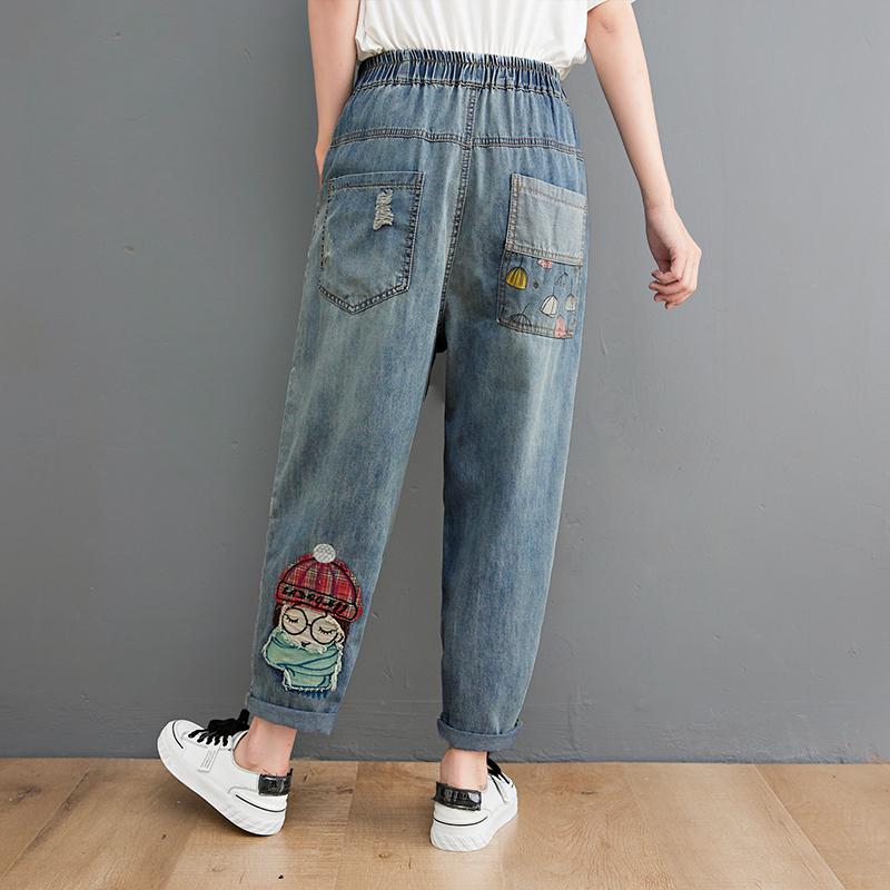 Calça jeans bordada para meninas, desenho animado, para mulheres, buraco na moda, casual, cintura alta, bolsos, mãe, harém, jeans azul