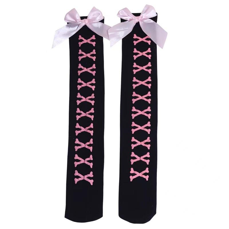 

Новые Горячие Носки с Бантиками из Костей Уличная Одежда Девушки Черные Милые Розовые Y2K Харадзюку Лолита Сетчатые Чулки Чулки до Бедра One Size чёрный