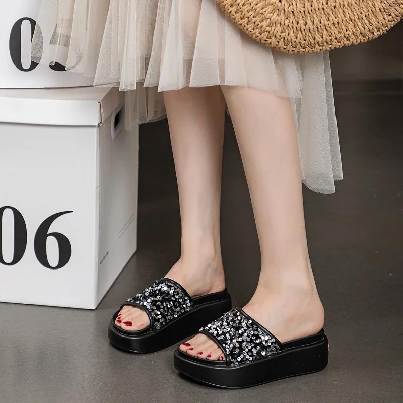 

Fashion 7CM Microfiber Leather Chunky Sneaker Fashion Summer Peep Toe Hollow Pumps Hook Flats Shoes Bling High Brand Comfy Sandals Women 39