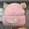 Sweet and cute antler patch letter knitted wool hat women's autumn and winter double-layer thickened cold-proof and warm bald hat