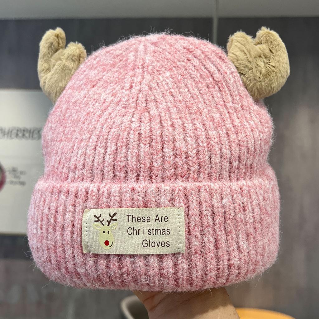 Sweet and cute antler patch letter knitted wool hat women's autumn and winter double-layer thickened cold-proof and warm bald hat