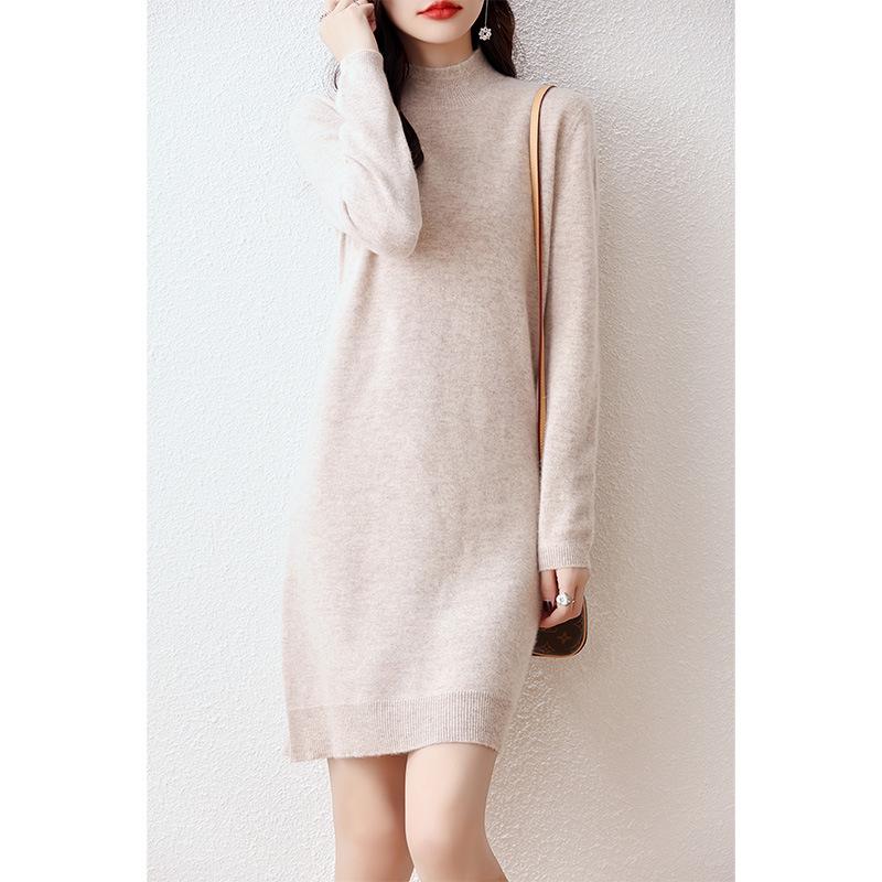Women's 100% Wool Knit Dress - Autumn/Winter Semi-High Neck Casual Versatile Style