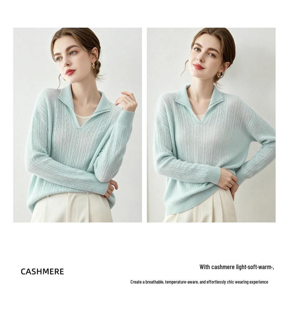 Lekasha 100% Pure Cashmere V-Neck Cable Knit Hollow Stitch Top