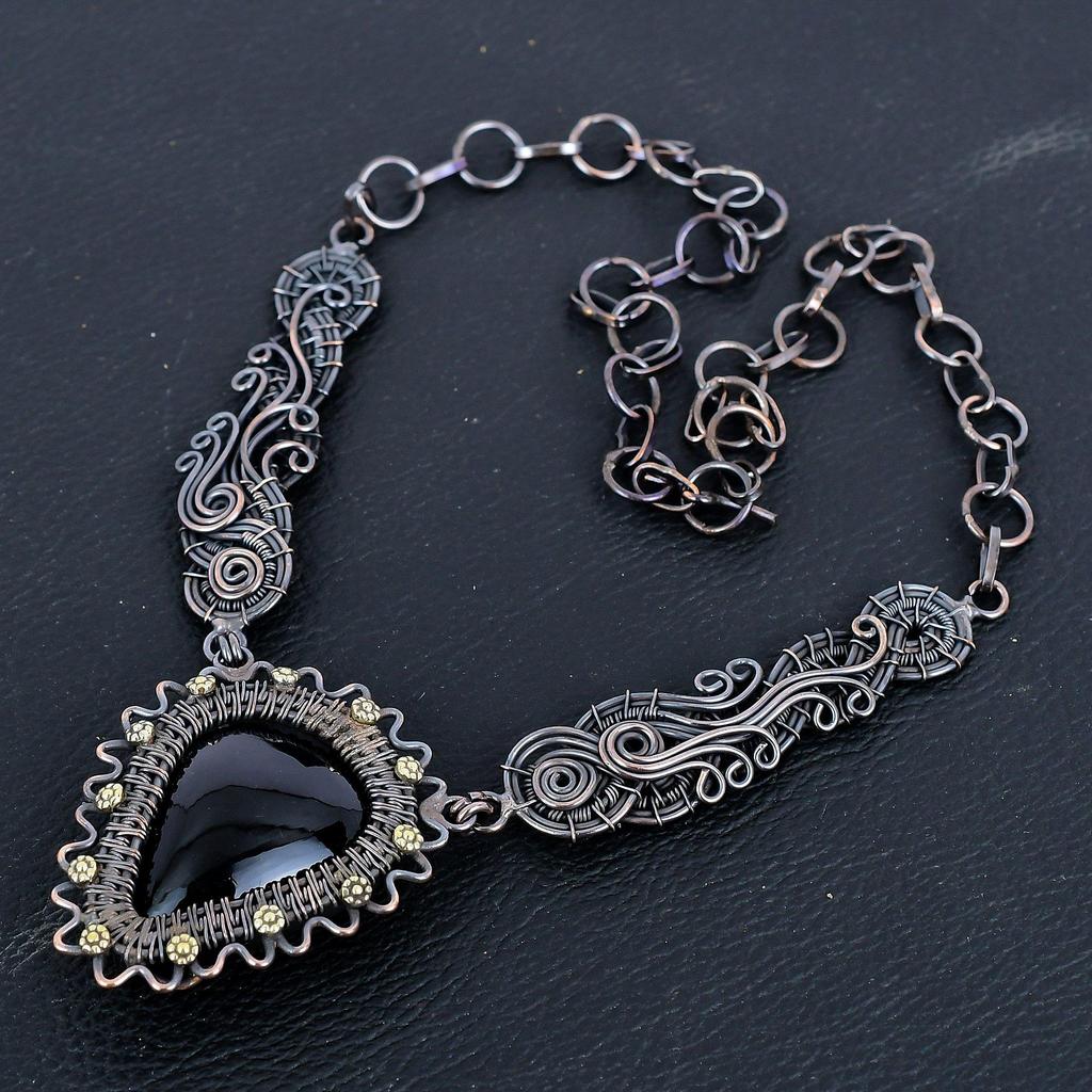 Black Onyx 999 Copper Wire Wrapped Necklace Adjustable, Chain Necklace Handmade Gemstone, Gift For Mom Antique Jewelry