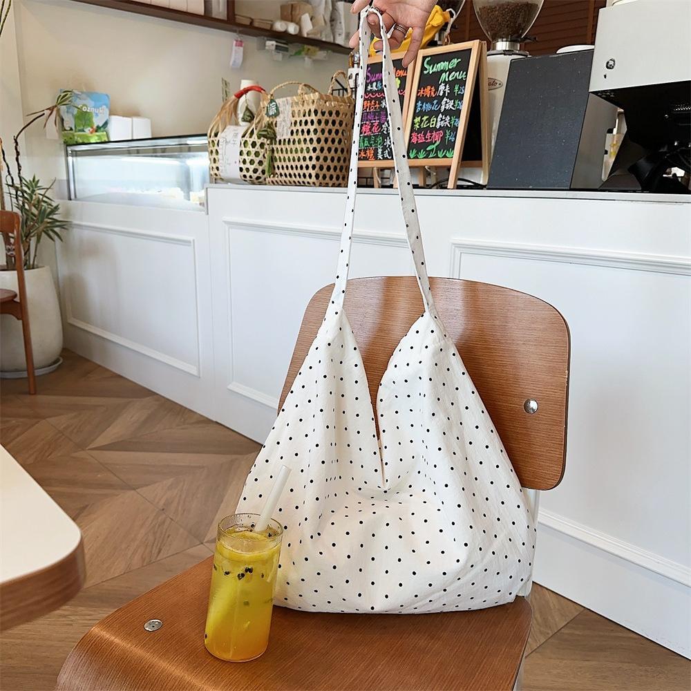 Women Canvas Shoulder Bag Simple Dots Large Capacity Tote Handbag Casual Crossbody Travel Shopper