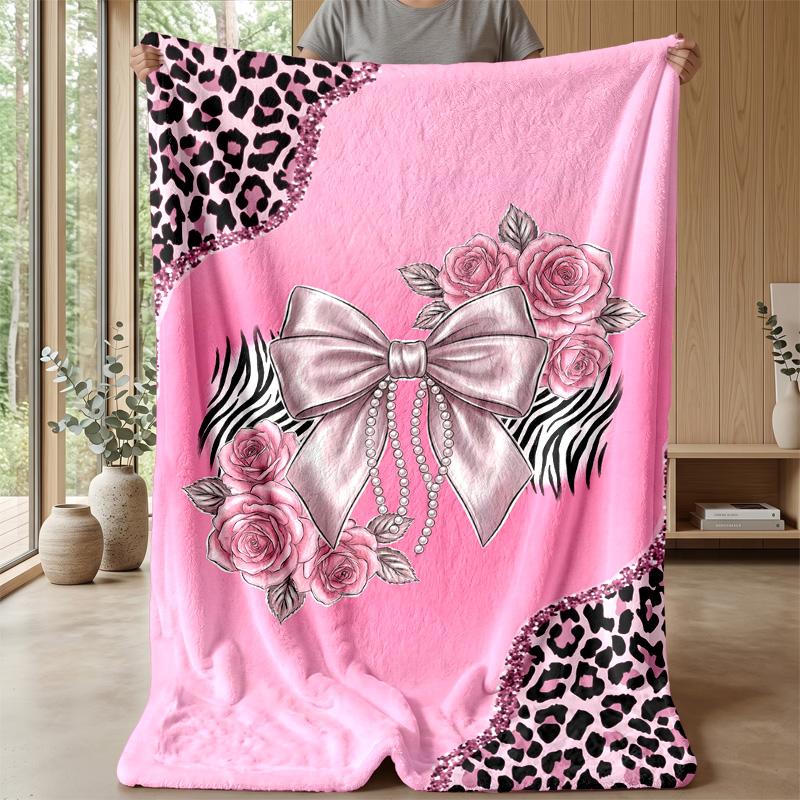 Pink Leopard Roses Bow 1 Theme blanket Lightweight Warm Flannel Blanket Decorative Throw Blanket for Home Decoration