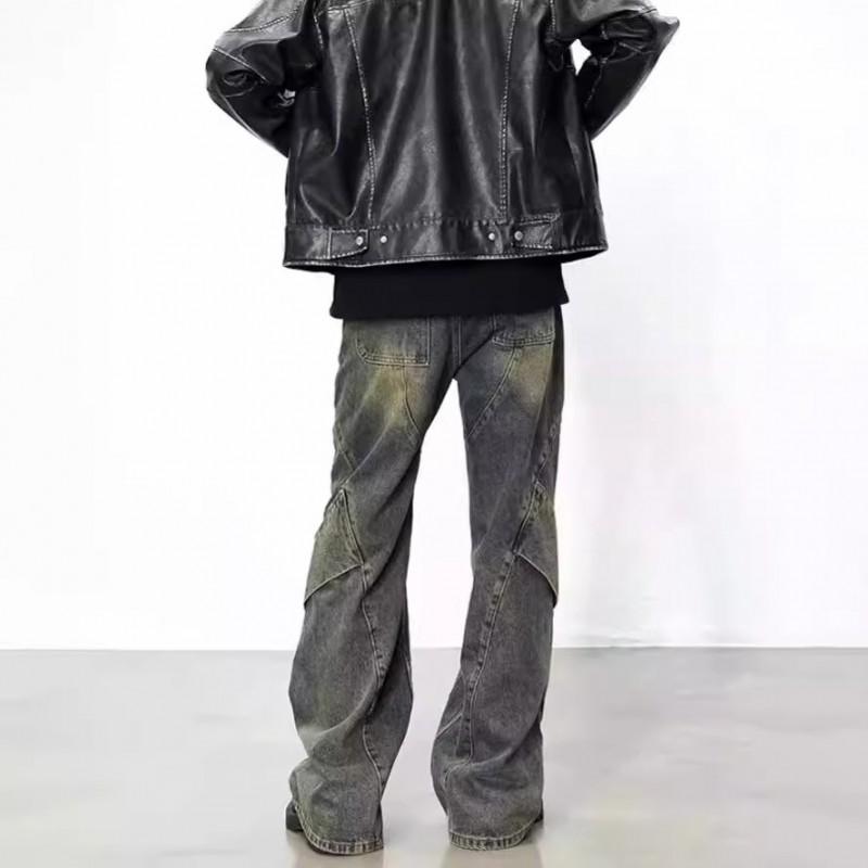 Mens Vintage Washed Distressed Denim Jeans High Waist Irregular Patchwork Flared Cut