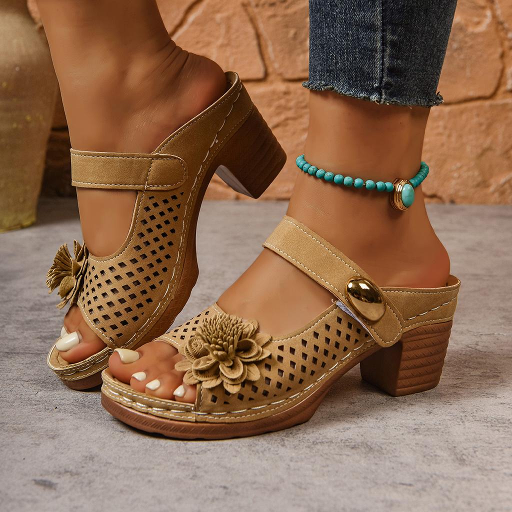 Fashion Women Fashion Flowers High Heels Sandals Plus Size Thick Heeled Sandals Back Strap Hollow Out Summer Shoes Woman Sandalias Mujer