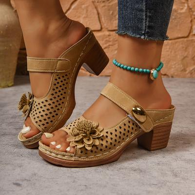 Fashion Women Fashion Flowers High Heels Sandals Plus Size Thick Heeled Sandals Back Strap Hollow Out Summer Shoes Woman Sandalias Mujer