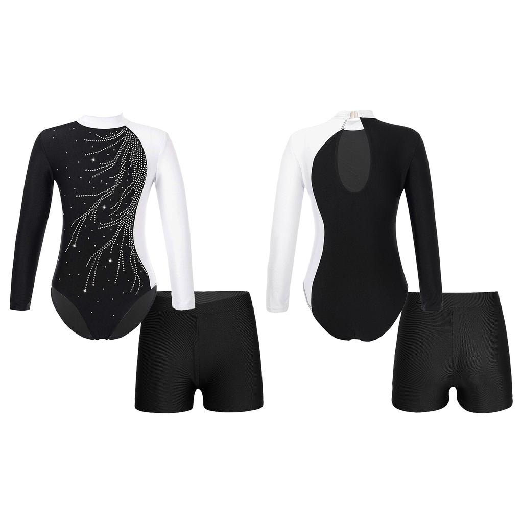 Girls Mock Neck Long Sleeve Sparkle Rhinestone Keyhole Back Leotard V Front Waistband Shorts Dance Skating Outfit