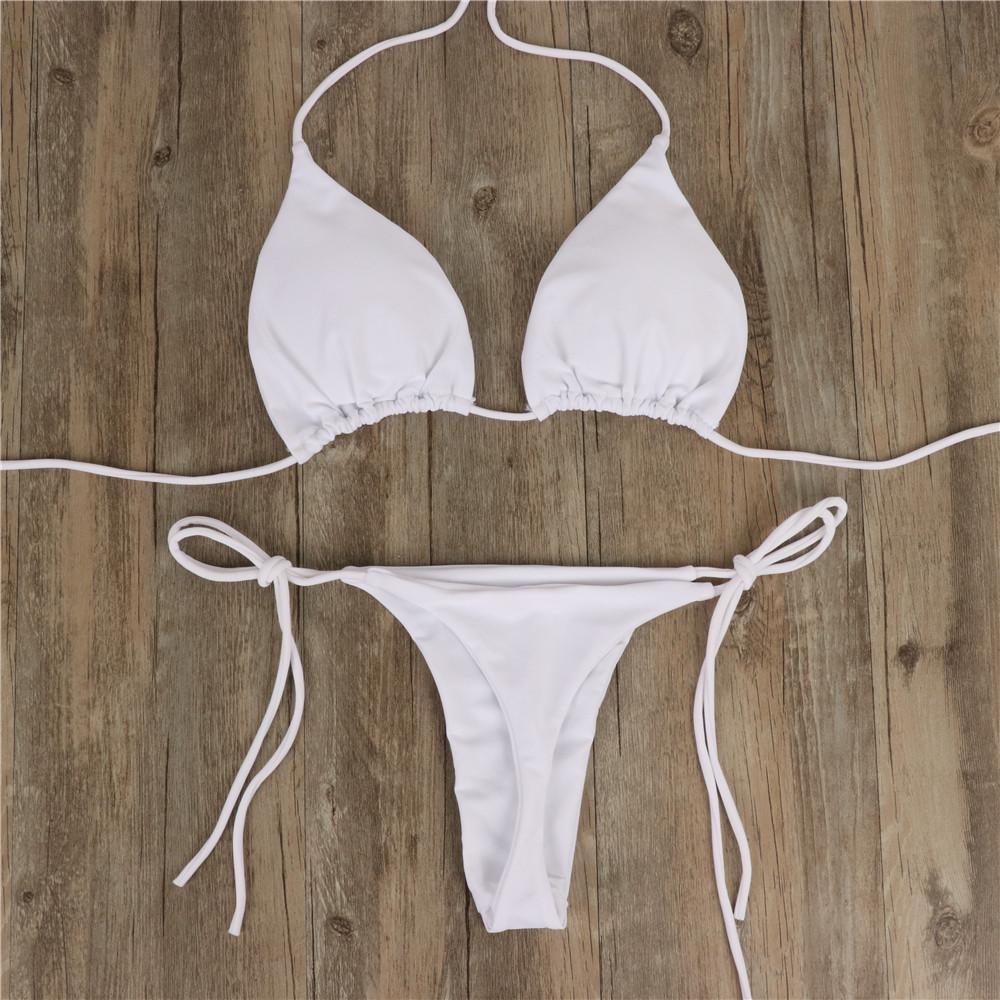 Women's Swimwear Solid Color Bikini Set Halter Sexy Thong Brazilian Beachwear Bathing Suits