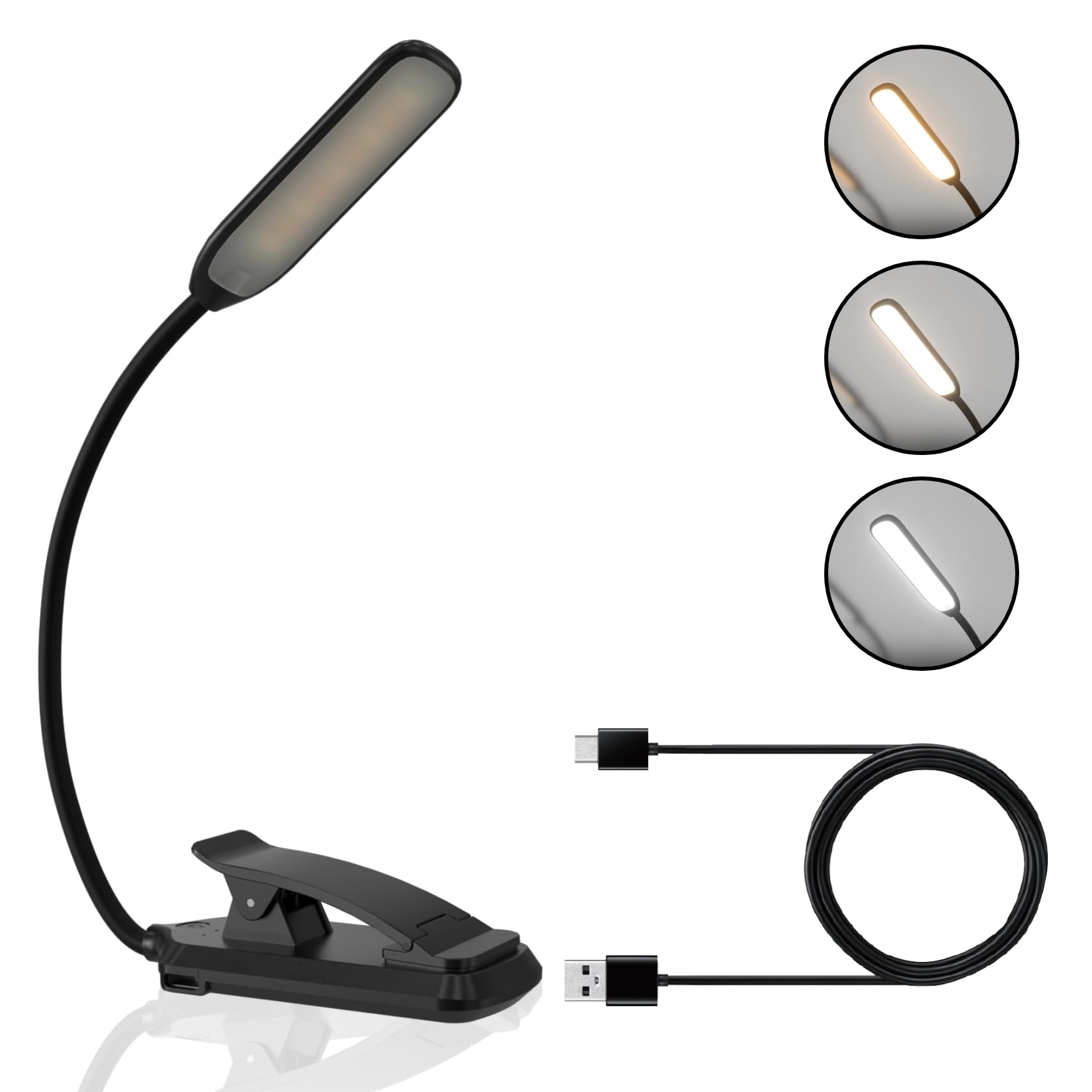 

LUTW Reading Light, Clip-on Book Light, 3 Color Temperature Settings, Stepless Dimming, USB Rechargeable, 1000mAh, Music Light, Eye-Friendly,