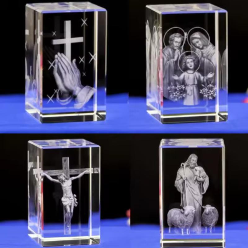 3D  Crystal Cube Christian Jesus Cross Figurine Home Decor Virgin Mary Laser Engrave Crystal Religious Gifts for Women's Birth