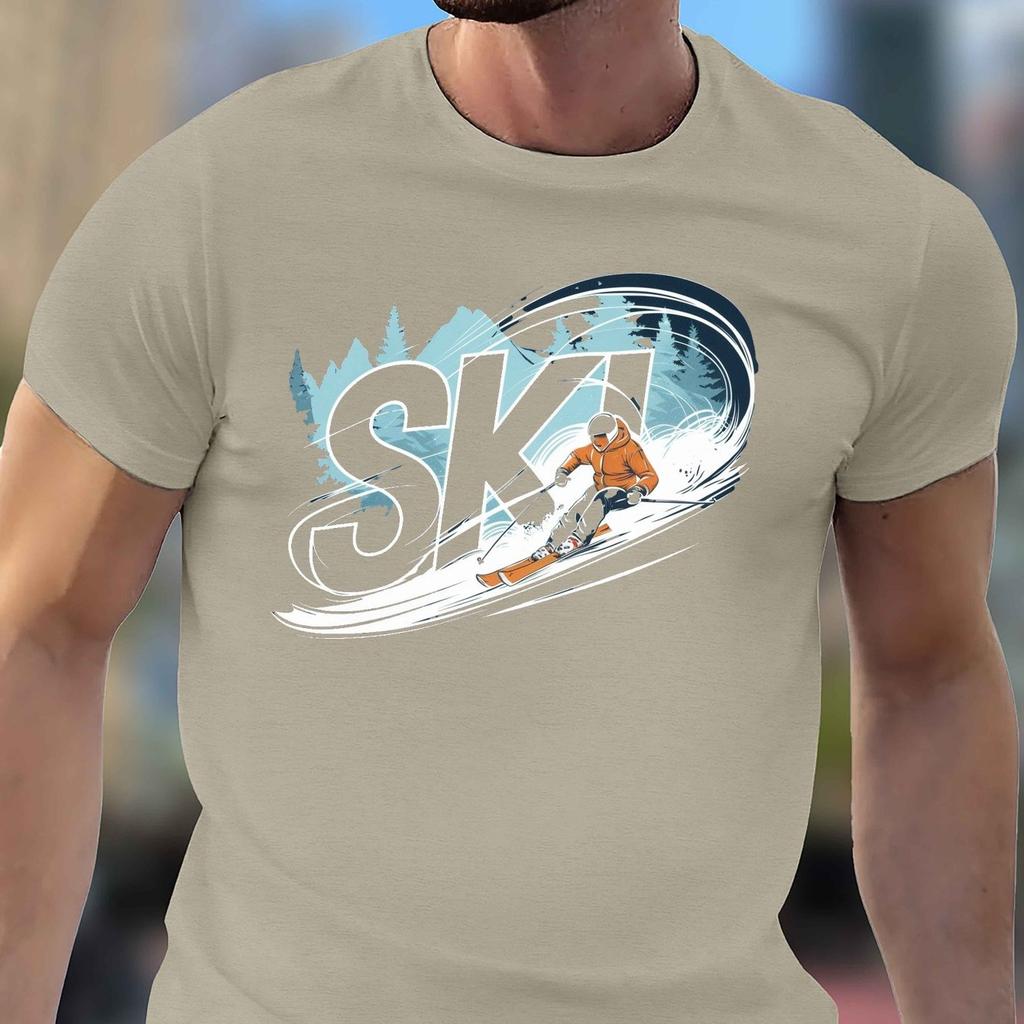 Ski Skier Graphic TShirt Men Casual Cotton Short Sleeve Tee Activewear