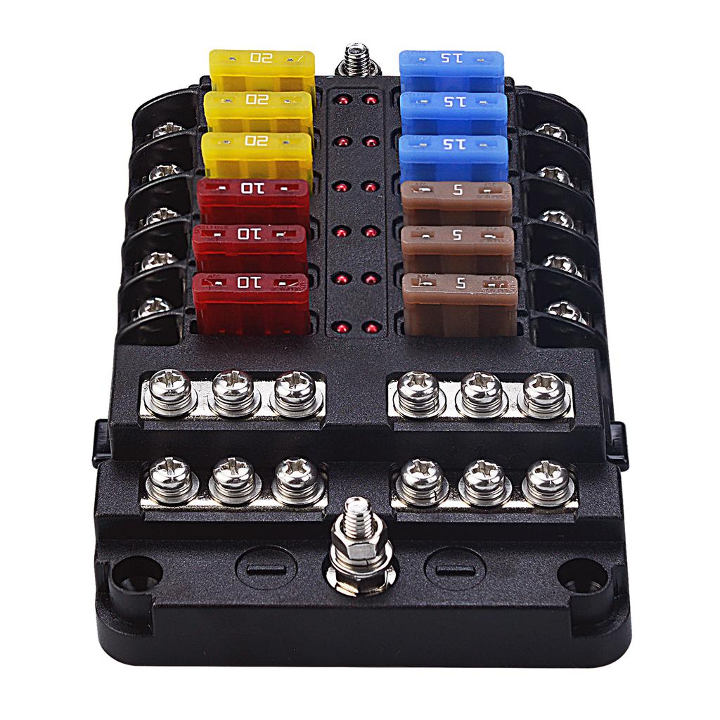 Blocco fusibili per barca marina a 12 Volt, Impermeabile a 12 vie con barra collettrice negativa di terra a 12 vie [100 Amp Max] [Fusibili ATC/ATO] [Indicatore LED] per Auto RV Camion Ecc.