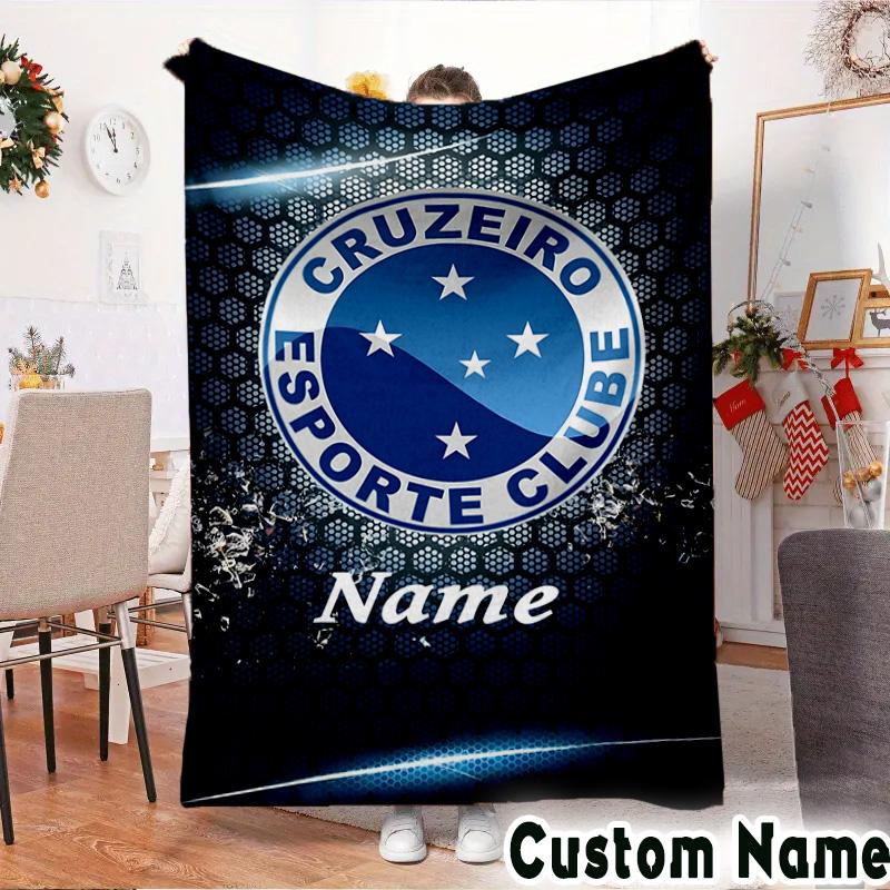 Custom Name Blue Stars Cruzeiro Football Throws Blanket Flannel Blankets for Couch Bed Gifts for Men Women Picnic blanket Christmas fan gifts