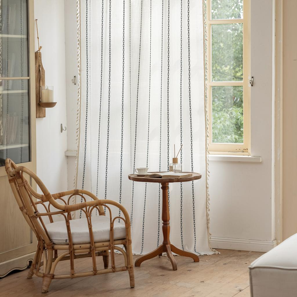 Embroidered Stripes White Partition Bedroom Decoration Bohemian Semi-Blackout Finished Curtains