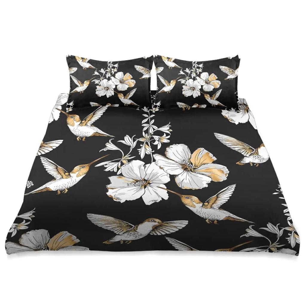 Kolibri påslakan med virvlande blad och blommor, med vårtema, dekorativa sängkläder, blek elfenben, rumsdekoration, kvinnor
