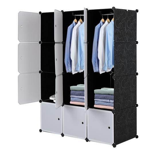12 Cube Organizer Stackable Plastic Cube Storage Shelves Design Multifunctional Modular Closet Cabinet with Hanging Rod White Doors and Black Panels
