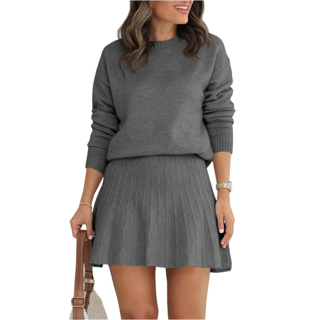 Women's Skirt Two  Piece Sweater Set Long Sleeve Sweaters Pleated Skirt Knit Sets