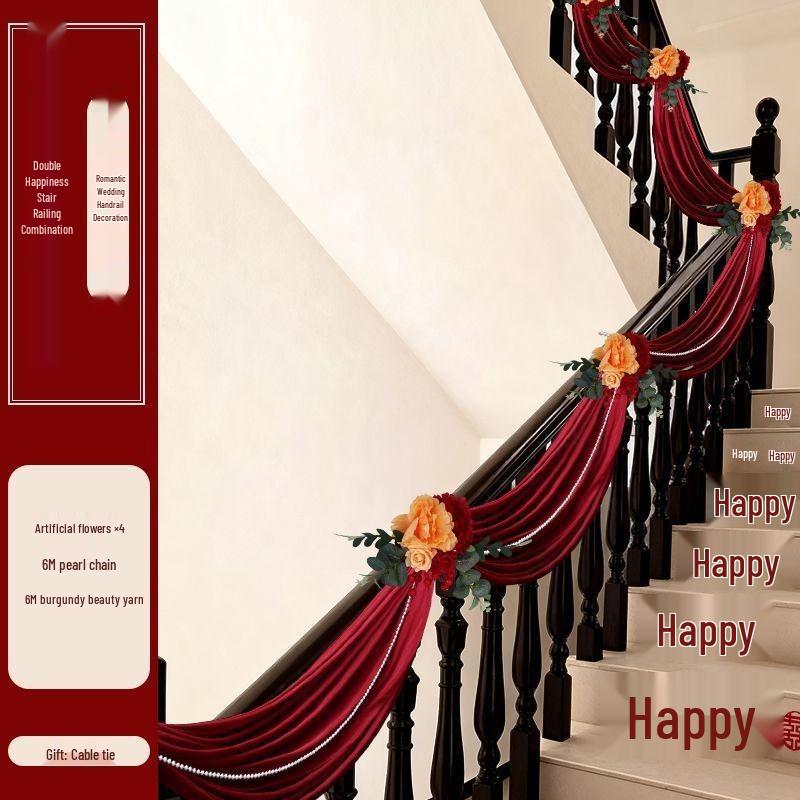 Double Happiness Stair Decor: Rustic Wedding Handrail & Wall Garland Set