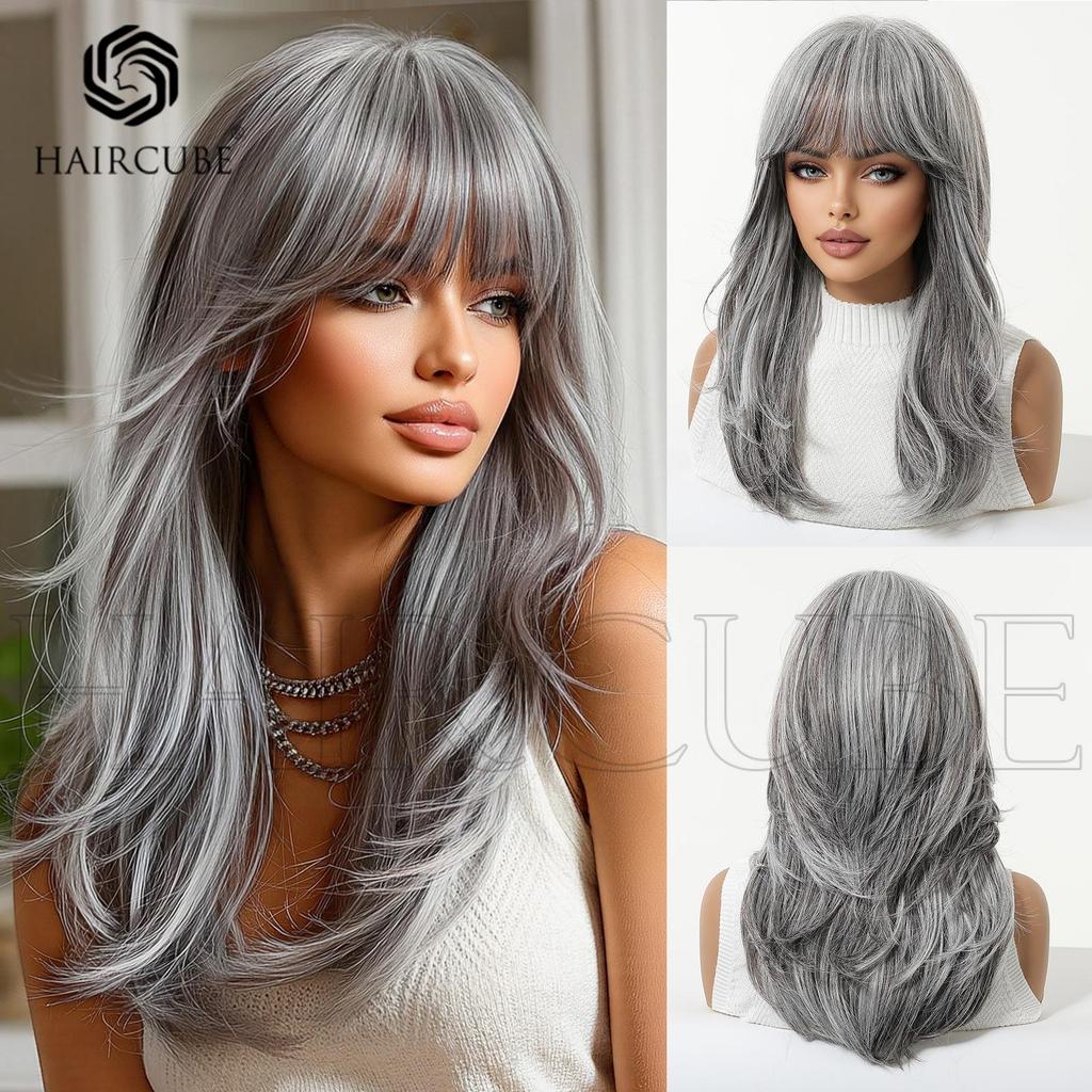 European Style Brown Medium Long Wig with Full Bangs for Women - High-Temperature Fiber