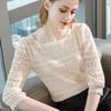Lace Bottom Shirt for Women Straight Neckline Hollow Out Blouse Sexy Three Quarter Sleeve T-shirt
