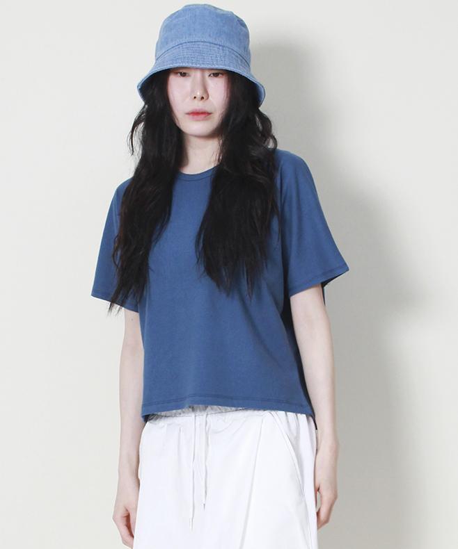 Deumakeu Solid Semi-Crop French Half-Sleeve T-Shirt Blue