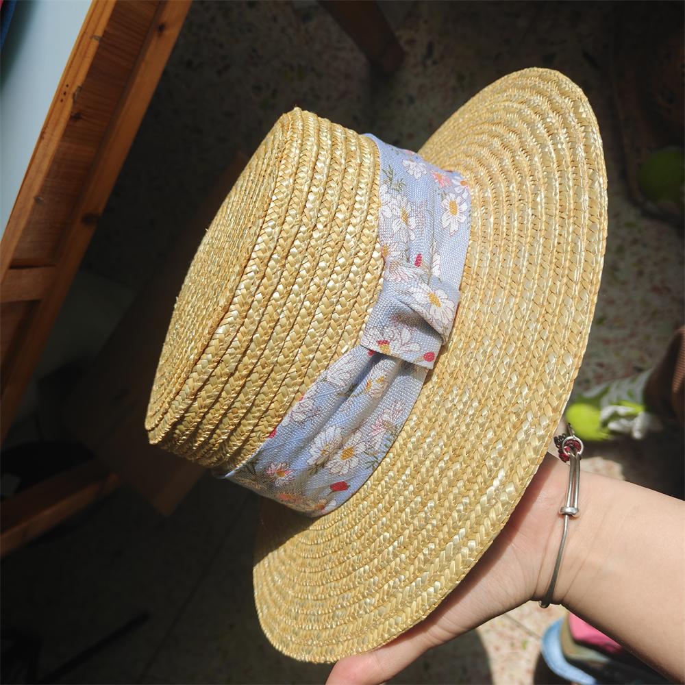 IG Französischer Vintage Weizenstroh Boater Hut Damen Sommer Flacher Oberteil Sonnenhut Handgefertigte Strand Panama Kappe mit Blumenschleife Urlaub 2026