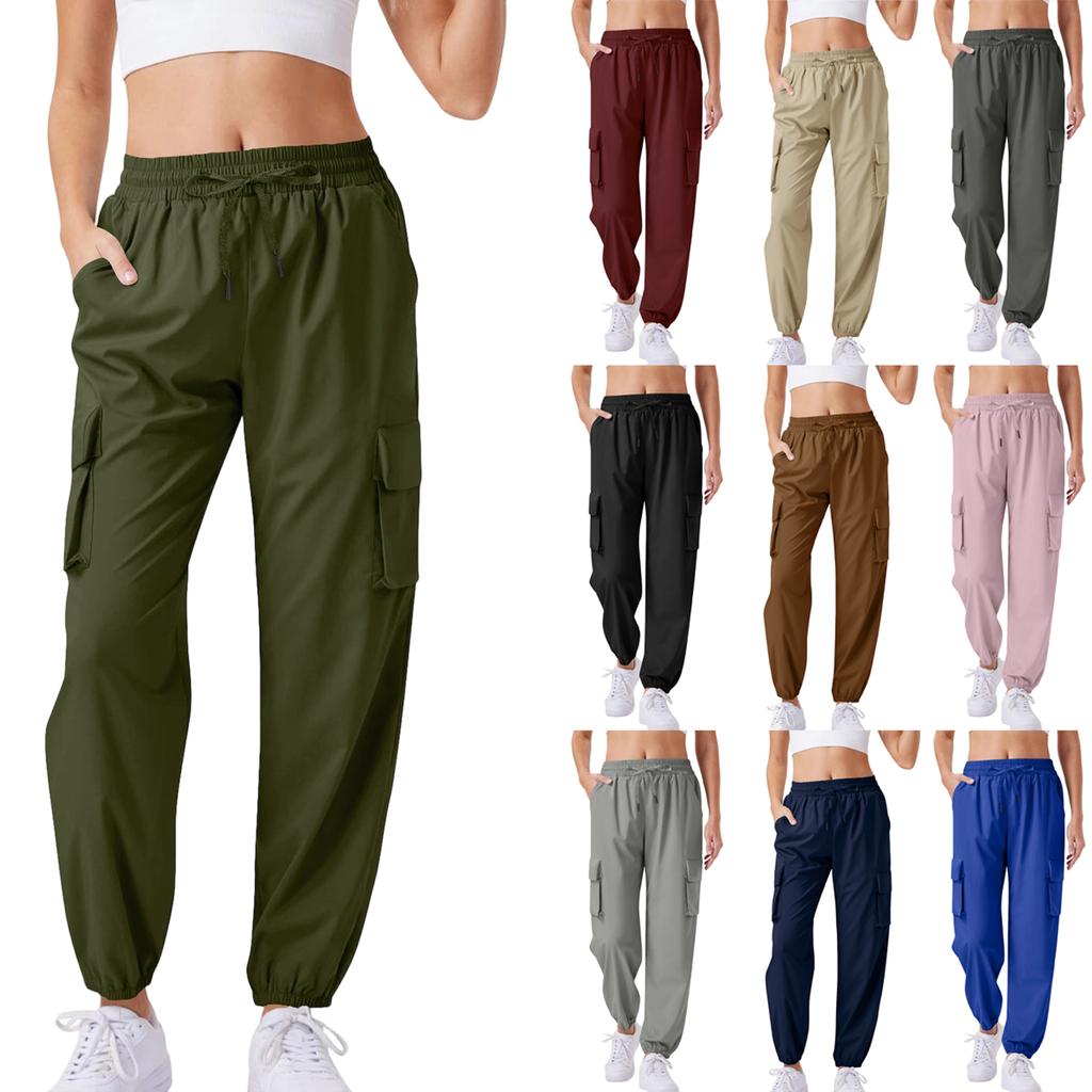 Women's Casual Cargo Pants Solid Color Joggers With Drawstring Waist, Elastic Waistband, Multiple Pockets Trousers