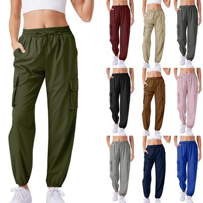 Kadın Günlük Kargo Pantolon Düz Renk İpli Büzgülü Bel Jogger, Elastik Bel Bandı, Çok Cepli Pantolon