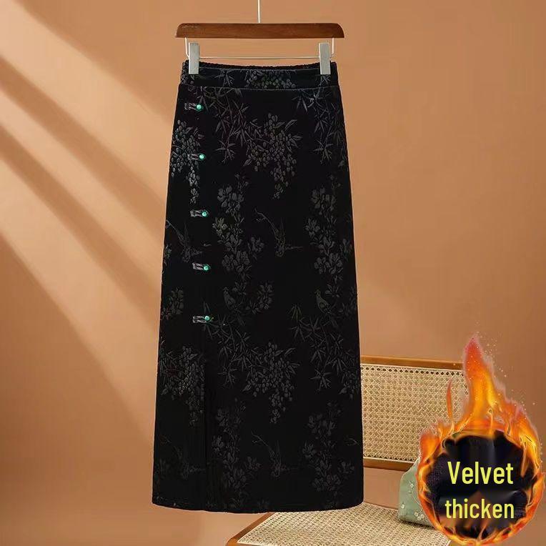 Chinese Frog Button Gold Velvet Jacquard Skirt: Mid-Length Slit Hip-Hugging Style for Spring and Autumn