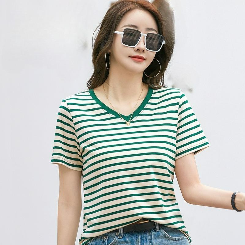Contrast Color V-neck Retro Literary Short-sleeved T-shirt Women's Western Style Blouse Summer Bottoming Shirt