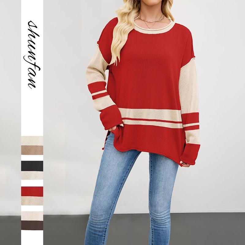 New Autumn and Winter Knitted Sweater Women's Clothing Hot-selling Color Matching Round Neck Loose Versatile Pullover Sweater