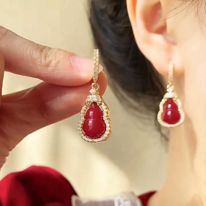 Vintage Red Color Maple Leaf Inlay Zirconl Metal Earrings For Women  Personalization Jewelry Gift