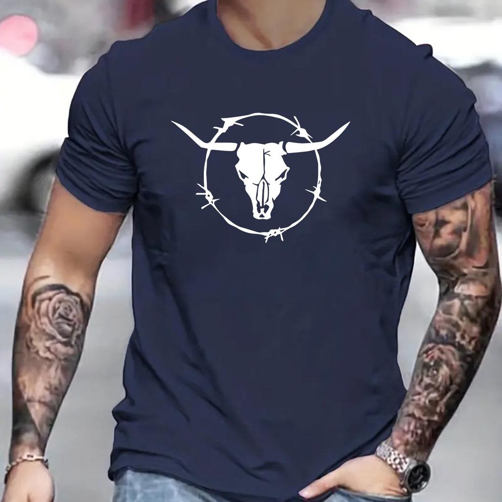 Men's Summer 100 Cotton Fashionable Casual Loose Plus Size Bull Skull Print Sports Round Neck Short Sleeved T-shirt Top