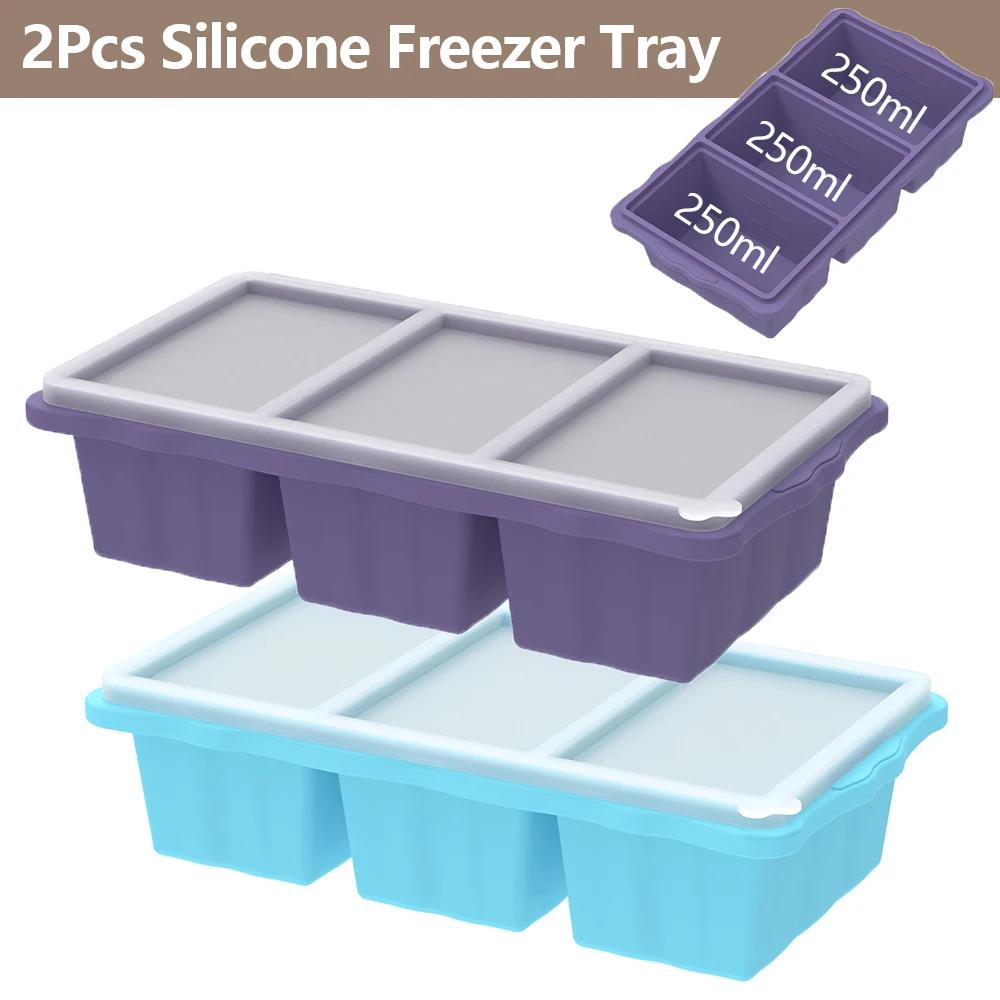 2Pcs 3 Grid Silicone Freezer Tray Food Freezer Container with Lid Soup Reusable Sauce Cube Mold Kitchen Accessories 1 Cup/250 ml