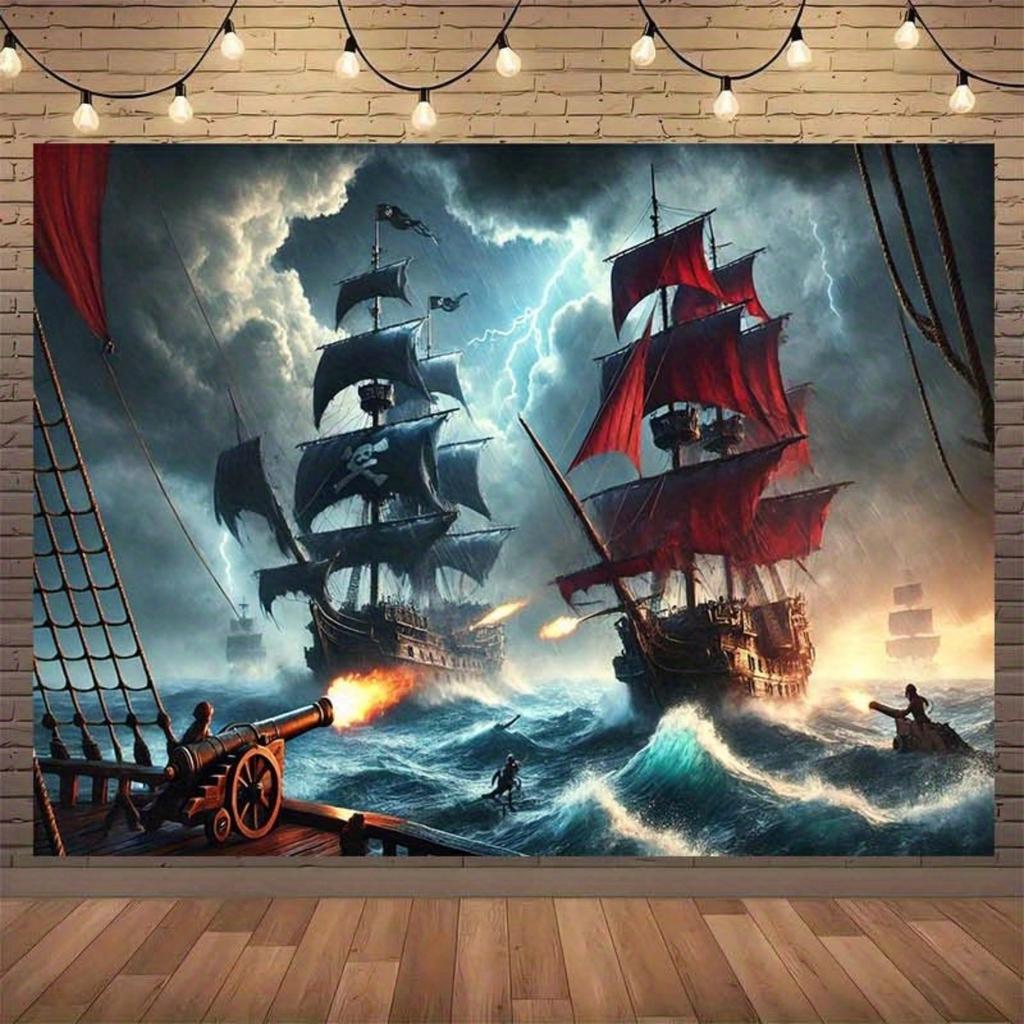2D flat surface 1-piece background cloth for the scene of a pirate ship battle suitable for home and garden decoration