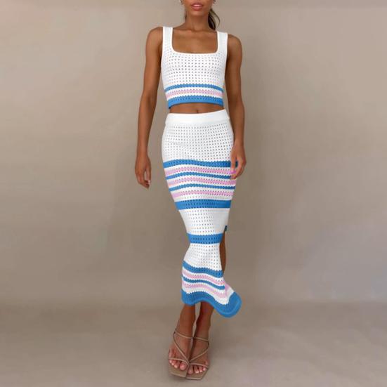 Two Piece Skirt Set for Women Striped Bodycon Slit Midi Skirt And Sleeveless Crop