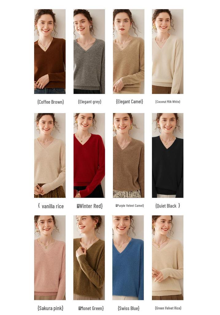 Women's Long Sleeve V-Neck Cashmere Knit Base Layer Top: Versatile, Loose, and Slimming Sweater Innerwear.