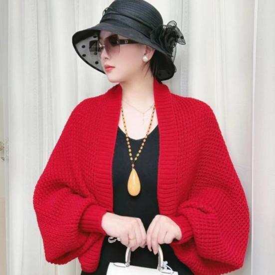 Autumn Winter Knitting Shawl Ribbed Trim Long Sleeve Open Front Shawl Wrap Solid Color Ribbed Trim Cozy Wrap