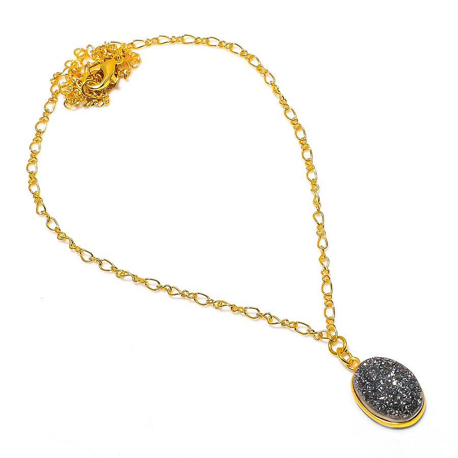 Pyrite Druzy Gemstone Handmade 925 Sterling Silver Jewelry Necklace 20" GK-5006