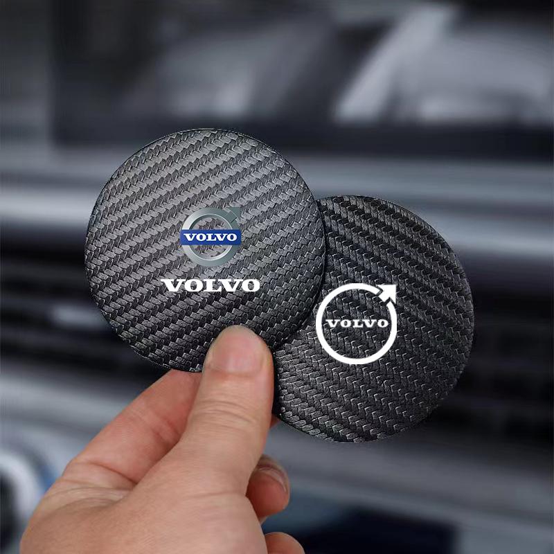 2Pcs Carbon Fiber Leather Coaster Car Water Cup Anti-slip Pad Mat Auto Interior For Volvo V50 XC90 V40 XC40 XC60 V60 AWD S80 C30