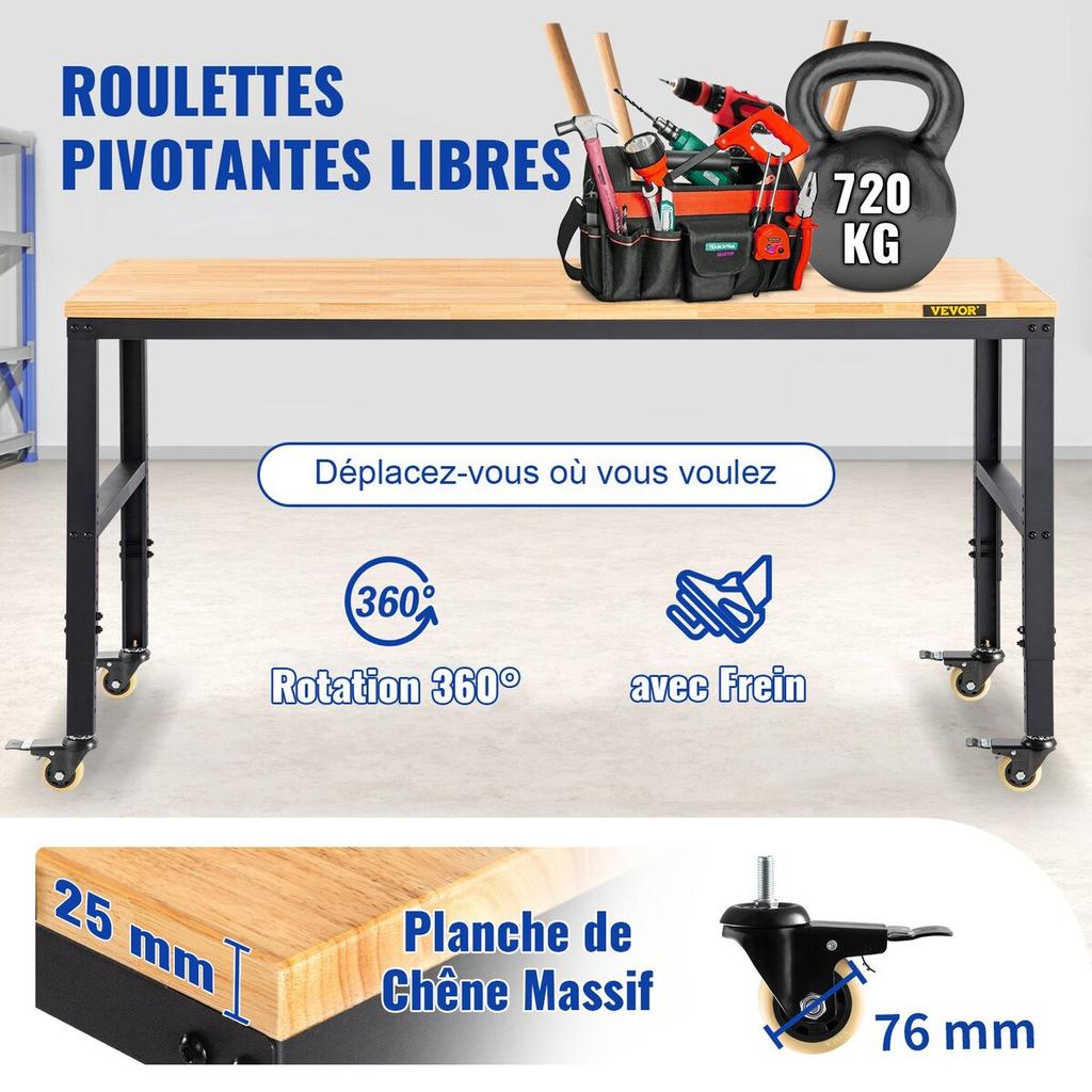 Werkbank höhenverstellbar, 122cm B X 51cm T X 104cm H Garagentisch mit 79 – 104 cm Höhen & 720KG Tragfähigkeit, mit Steckdosen & Hartholzplatte &