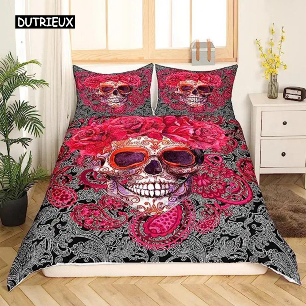 Sugar Skull Segas pārvalks Pusaudžu meitenes gultas veļas komplekts Sugar Skull Decor Gultas veļa Galvaskauss Skelets Rozes Ziedu apdrukas segas pārvalks Dekoratīvs