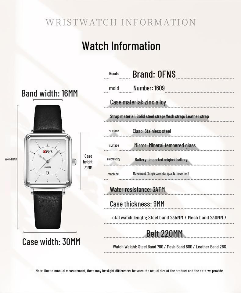 OFNS Women's Retro Square Watch – French Design, Simple Bar Markers, Business Style, Calendar, Waterproof, Quartz Movement.