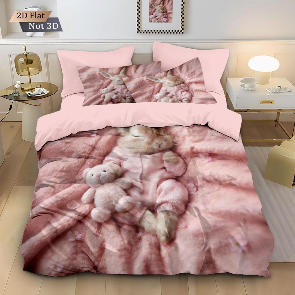 3Pcs Cute Cartoon Sleeping Rabbit Printed Down Duvet Cover Set, Multi Size Bedroom Bedding Decoration, Machine Washable