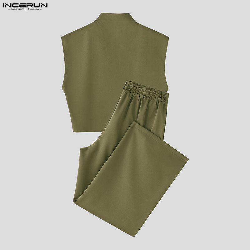 INCERUN Two Pieces Outfits Men Irregular Cropped Tops and Long Straight Pants Sets