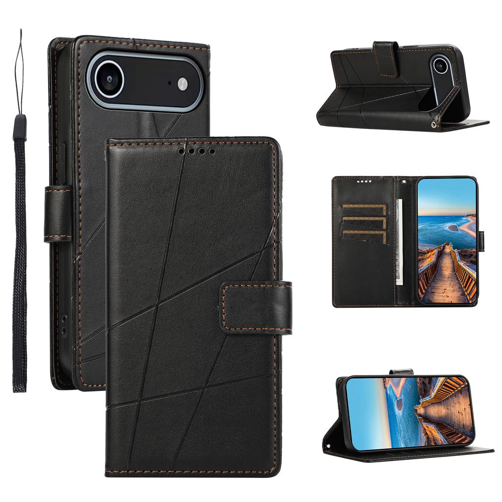 For iPhone Air Phone Case Line Imprint Leather Wallet Cover with Wrist Strap