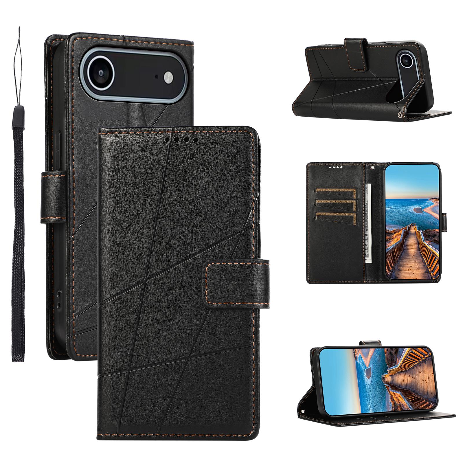 

For iPhone 17 Air Phone Case Line Imprint Leather Wallet Cover with Wrist Strap Black
